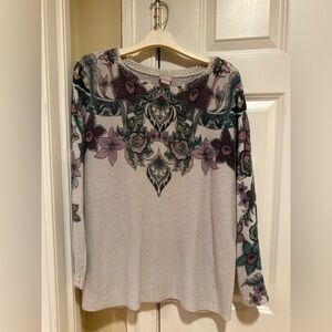 Chico’s Floral Boho Knit Top Size 2 Large Neutral Artsy Long Sleeve